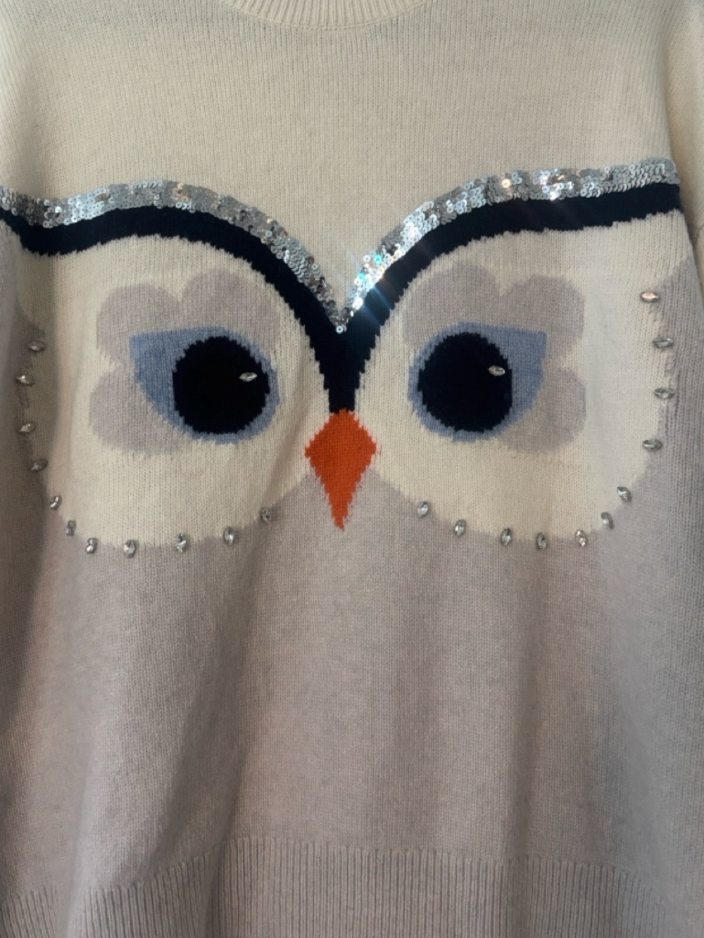 Kate Spade Hoot Embellished Owl Wool Blend Sweater in Ivory and Gray Size Large - Picture 4 of 7